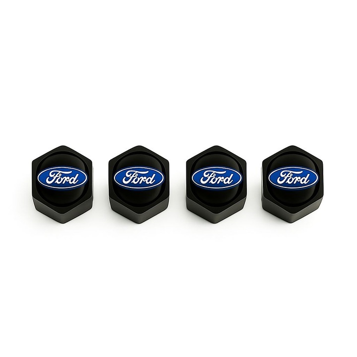 Set 4 Capace Ventil Hexagonale Ford – Aluminiu Negru, Logo Clasic