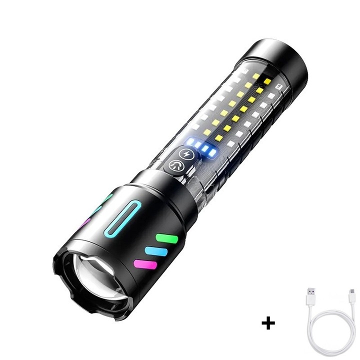 Професионален LED фенер, ярки лъчи в тъмното, зареждане с Type-C, включени батерии, 5 режима на осветление, дисплей за батерията, обхват на осветление 500 м, идеален за риболов, защита, къмпинг и лов, 20 см, черен