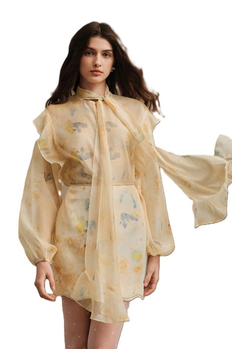 Camasa Dama, Semi-Transparenta, Imprimeu Floral, Galben