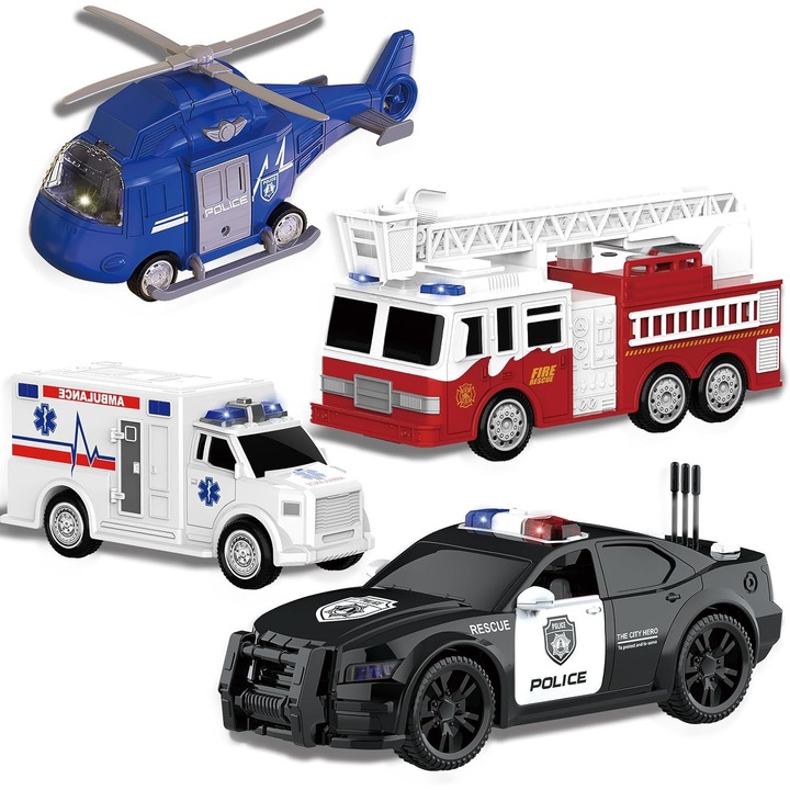 Masinute realiste cu lumini si sunete, 4 bucati, pompieri, ambulanta, masina de politie si elicopter