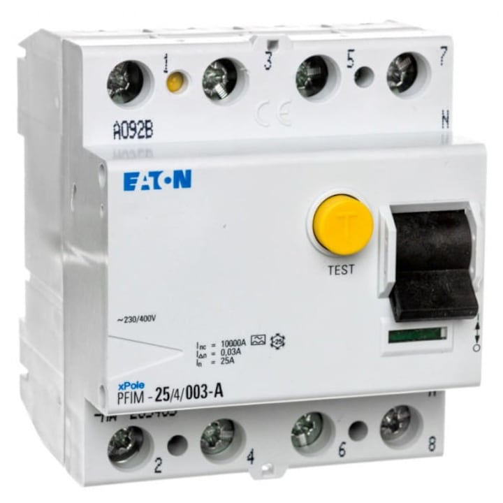 Dispozitiv de protectie diferentiala 4P 25A 0,03A tip A Eaton, dimensiuni 80x75x70.5mm