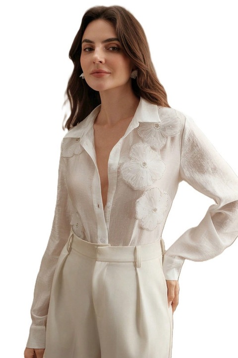 Camasa Dama, Brodata Floral In Relief, Alb