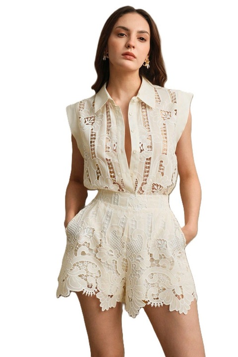 Set Dama, 2 Piese, Bluza & Pantaloni, Brodati Cu Dantela, Crem