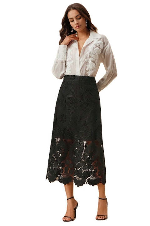 Fusta Dama, Maxi, Eleganta, Brodata Cu Dantela, Negru