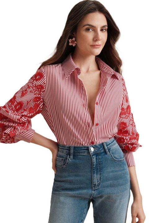 Camasa Dama, Eleganta, Brodata Floral Pe Maneci, Rosu