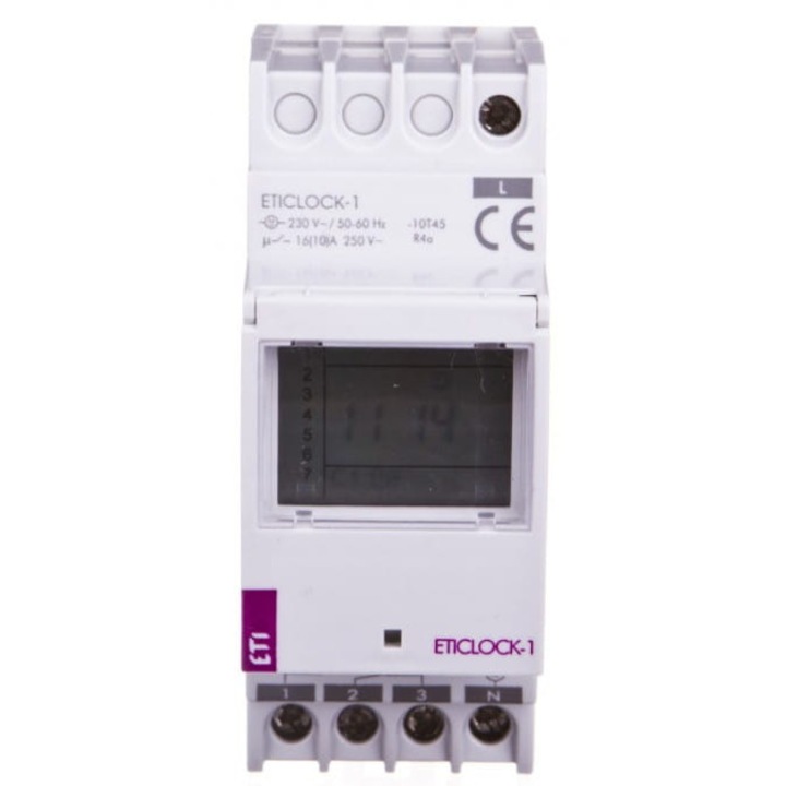 Digitális kapcsoló 1 csatornás 16A 230V AC ETI Polam, heti programozással, méretek 35,2x45x90mm