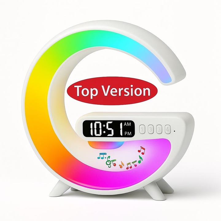 Ceas Smart Multifunctional cu LED RGB, Boxa Bluetooth, Incarcare Wireless Rapida – Design Modern 3 in 1, Ideal pentru Birou sau Dormitor