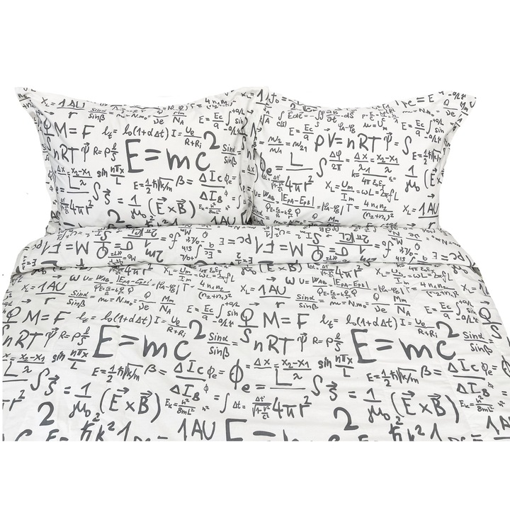 Pilota subtire de vara, 180x200 cm, cu 2 fete de perna, umplutura microfibra, 100 gr/mp, tesatura bumbac satinat, litere, alb/gri