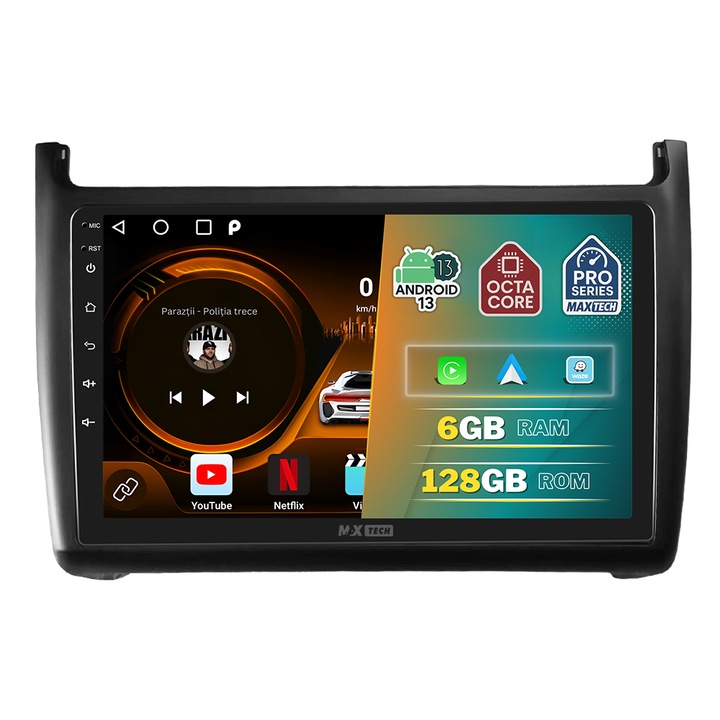 Navigatie Volkswagen POLO 2011-2017 dedicata, MaxTech® PRO SERIES, 6 GB Ram 128 GB Rom OctaCore, Carplay & Android auto, Ecran 9” HD Touch, GPS, Wifi, Bluetooth, Radio, USB, EQ, DSP, Waze