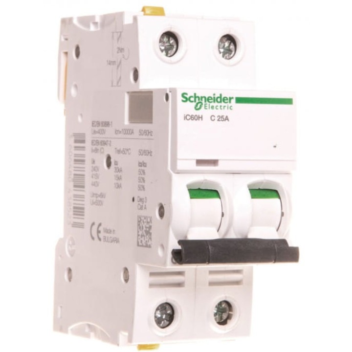Електрически предпазител, SCHNEIDER, Acti9, 2P, 25A, 10kA, 400V, 75x35x78.5мм