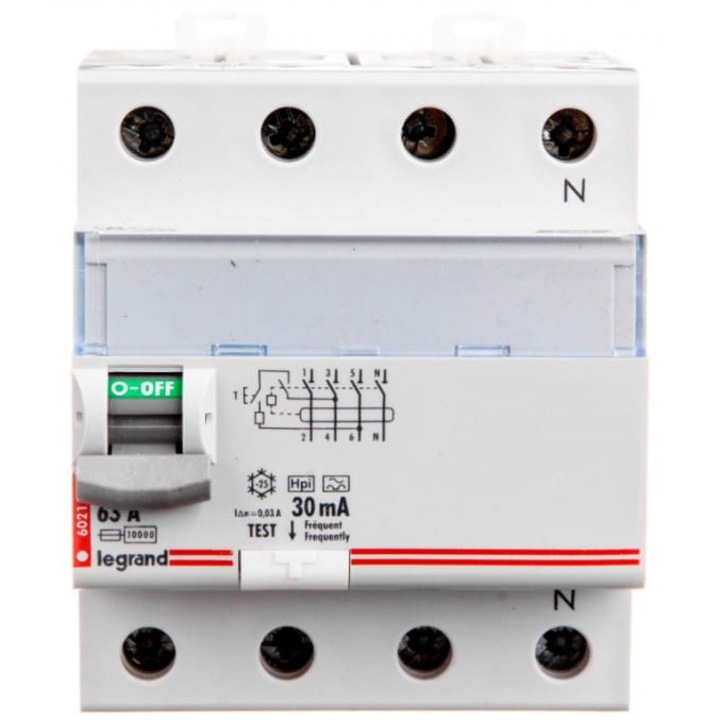 Dispozitiv de protecție diferențială Legrand P 304, 4 module, 63A, 0,03A, IP20, 89x78mm