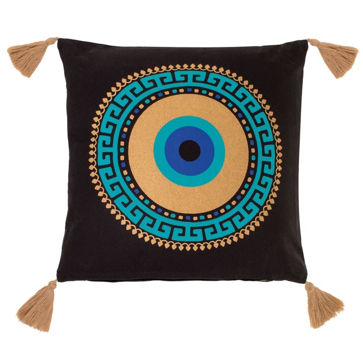 Perna decorativa de vara neagra cu model ochi auriu turcoaz 40x40cm