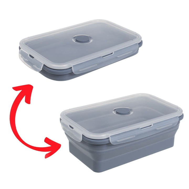 Caserola pliabila din silicon gri cu capac din plastic 1.2l