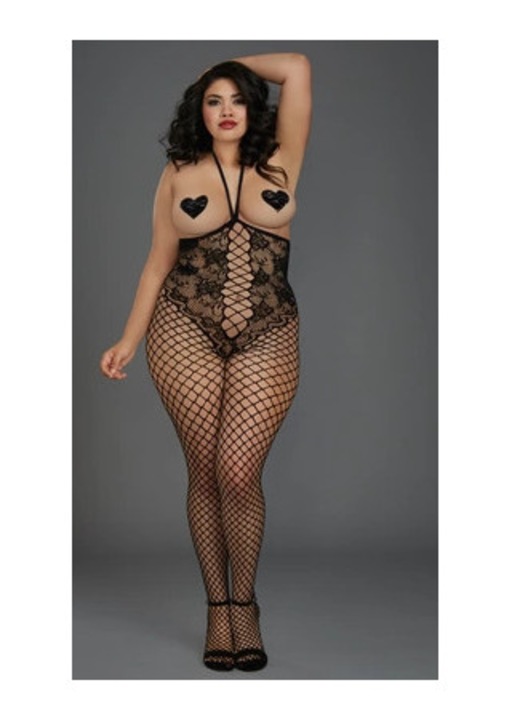 Testhezálló dressz, virágmintás csipke, nyitott felsőrész, XL-2XL INTL