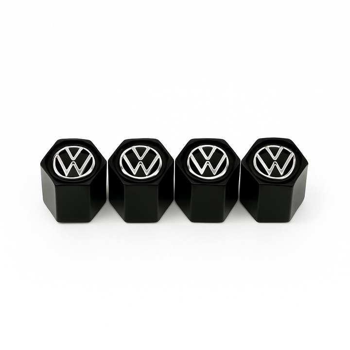 Set 4 Capace Ventil Hexagonale Volkswagen, Aluminiu Negru, Logo VW