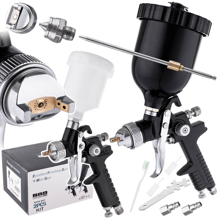 HVLP festékszóró pisztoly H-827 és H-2000p, 3 fúvókával: 0,8 mm, 1,4 mm, 1,7 mm, 600 ml és 125 ml
