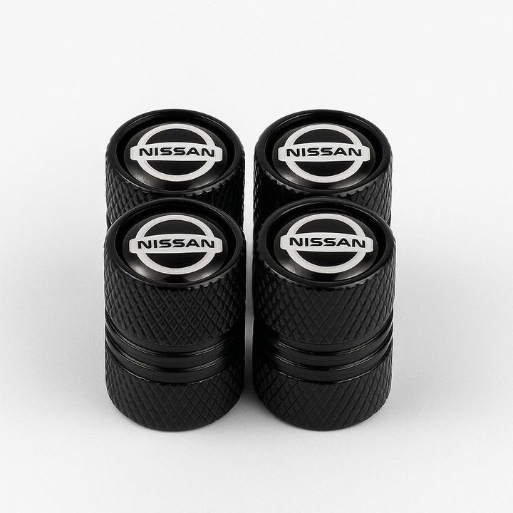 Set 4 capace ventil auto NISSAN – aluminiu negru, logo argintiu, design sport