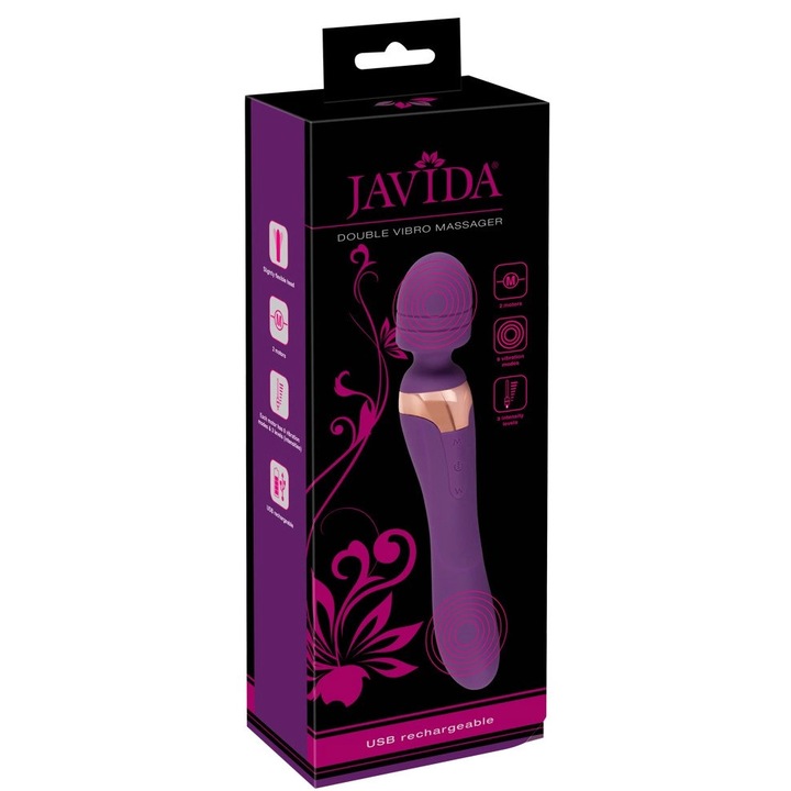 Масажор 2в1 Javida, виолетов, 21,8 см, с 8 програми, двоен мотор