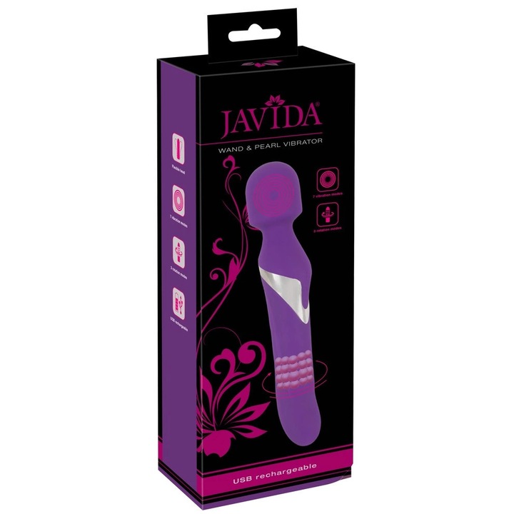 Вибратор Javida Wand & Pearl, двоен масаж, 7 режима на вибрация, 3 скорости, виолетов, 24 см
