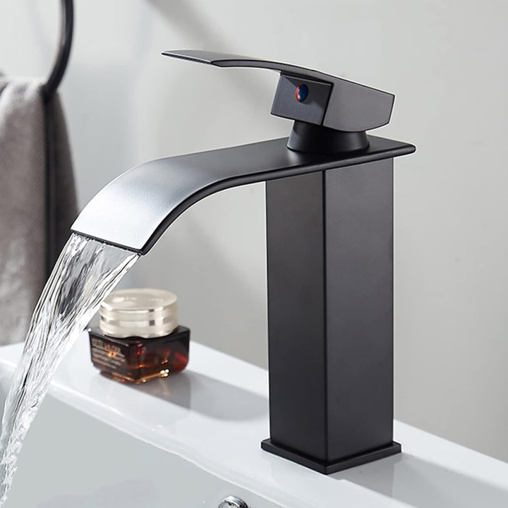 Baterie Chiuveta Baie AYSTOAYS®, monocomanda, Tip Cascada, design ergonomic, racorduri incluse, Otel inoxidabil, puternic si durabil, rezistent la rugina si coroziune, usor de instalat, Negru