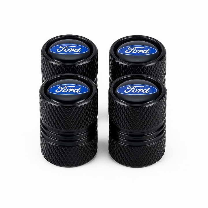 Set 4 capace ventil auto FORD – aluminiu negru, logo albastru, design sportiv