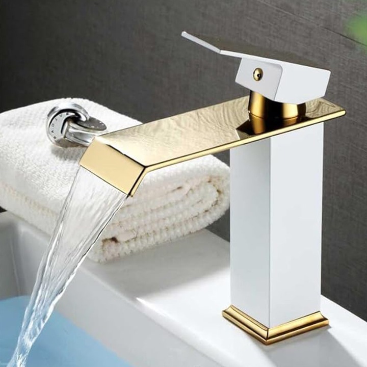 Baterie Chiuveta Baie AYSTOAYS®, monocomanda, Tip Cascada, design ergonomic, racorduri incluse, Otel inoxidabil, puternic si durabil, rezistent la rugina si coroziune, usor de instalat, Alb/Auriu