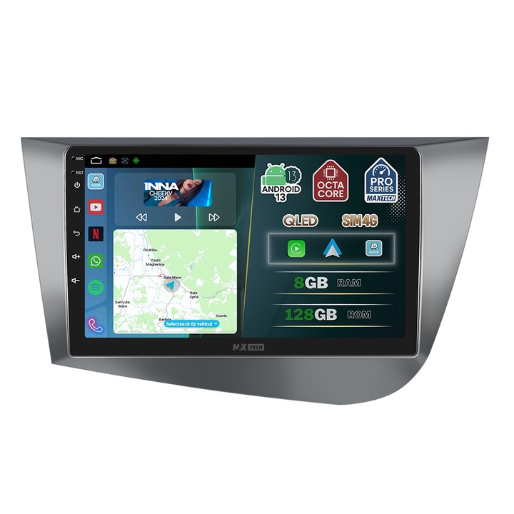 Navigatie Seat Leon Mk2 2005-2012 dedicata, MaxTech® PRO SERIES, 8 GB Ram 128 GB Rom OctaCore, Carplay & Android auto, Ecran 9” HD Touch, SIM 4G, GPS, Wifi, Bluetooth, Radio, EQ, Waze, Youtube