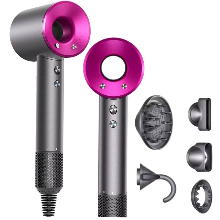 Professzionális hajszárító, Sprőd haj ellen, 2000 W, 220 °C, 5 professzionális fúvóka, ionizáció, gyors és hatékony szárítás, digitális hőmérséklet-szabályozás, hideg levegő, kompakt, kiváló teljesítmény, ergonomikus, sima és fényes haj, fekete fukszia