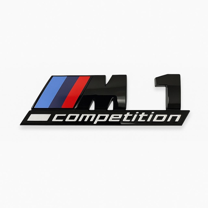 Emblema Auto BMW M1 Competition – 130x38 mm, Negru Lucios cu Dungi Tricolore, Autoadeziva