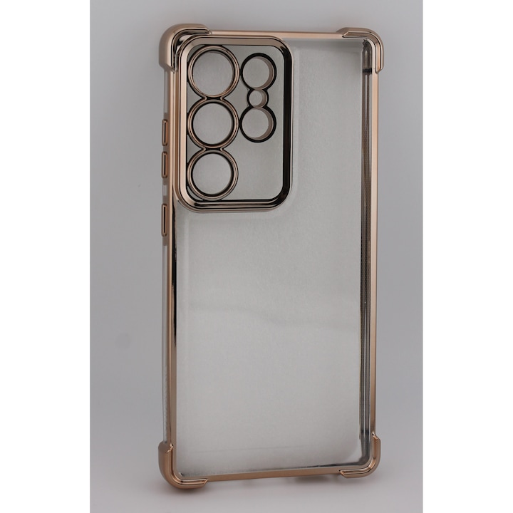 Husa pentru Samsung Galaxy S25 Ultra, TPU AntiShock Chrome Gold, Protectie Camere, Transparent / Auriu