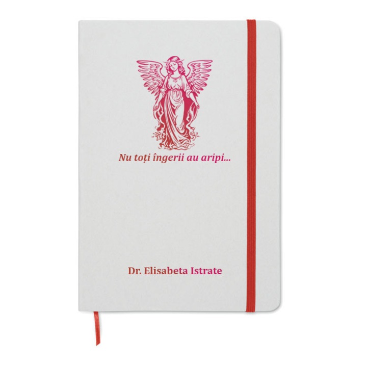 Agenda A5, Piksel, coperta tare, gravabila, alb-rosu, Inger, Mesaj, Doctor, hartie reciclata 160 pagini, inchidere elastica