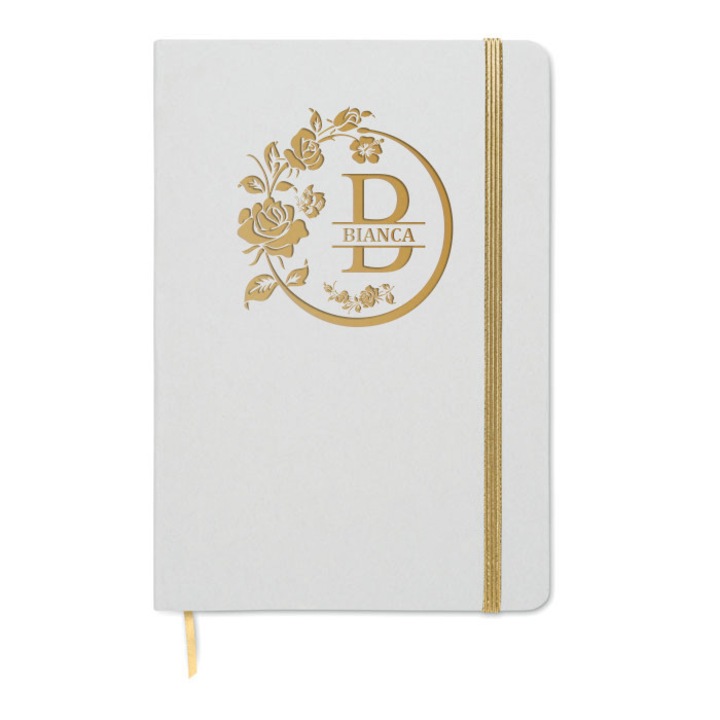 Agenda A5, Piksel, coperta tare, gravabila, alb-auriu, Monograma, Nume, hartie reciclata 160 pagini, inchidere elastica