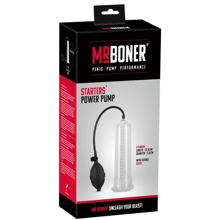 Ръчна помпа за уголемяване Mister Boner, 22 см, прозрачен ABS цилиндър, еластичен TPE маншон