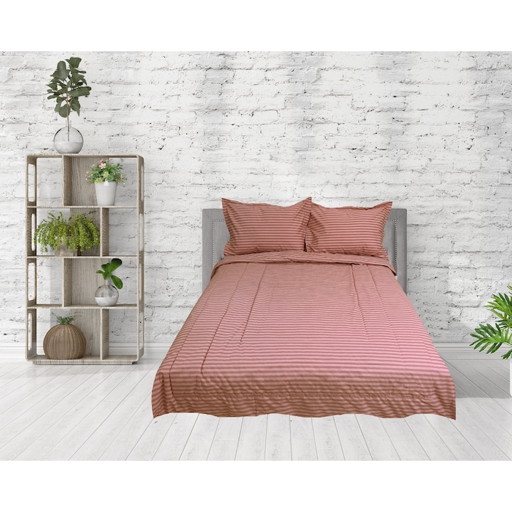 Pilota subtire de vara, 180x200 cm, cu 2 fete de perna, umplutura microfibra, 100 gr/mp, tesatura bumbac satinat, dungi, roz prafuit