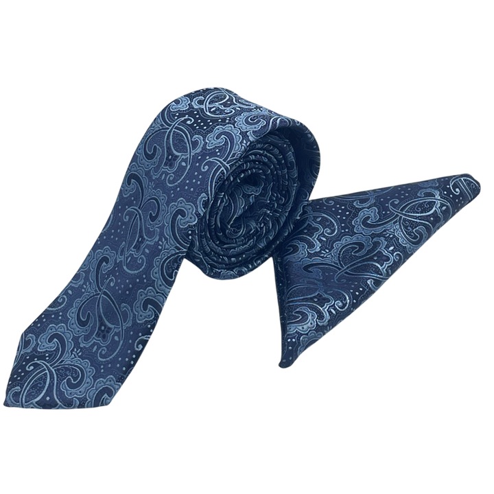 Set cravata slim cu batista Paisley CHARLIE, PRAVALIA CU SURPRIZE, Bleumarin/ Bleu