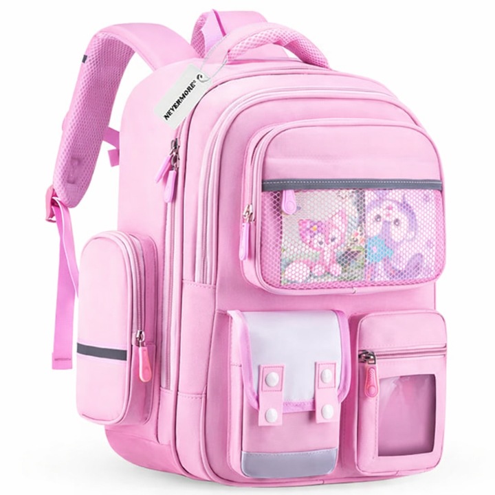 Ghiozdan scoala, NEVERMORE, 42 x 30 x 20 cm, Rezistent la apa, Cu benzi reflectorizante, Capacitate mare, Roz