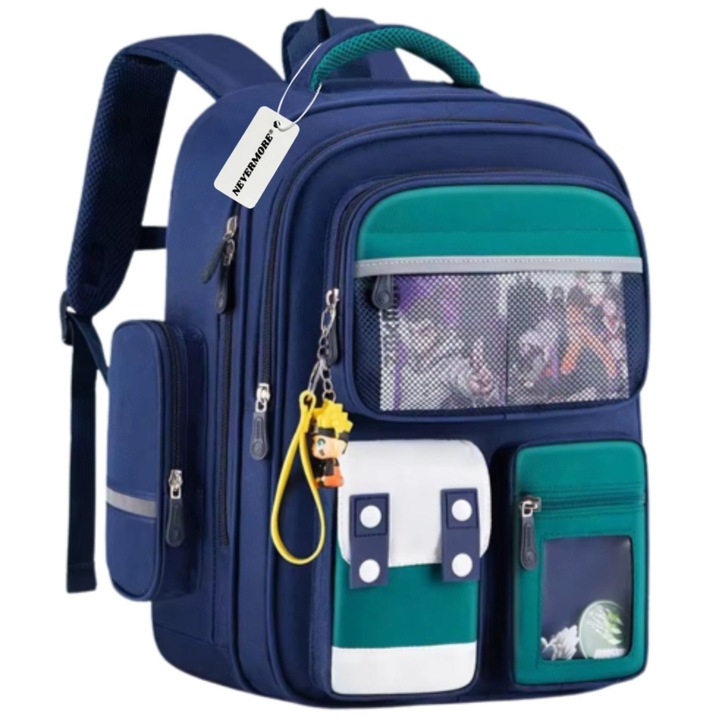 Ghiozdan scoala, NEVERMORE, 42 x 30 x 20 cm, Rezistent la apa, Cu benzi reflectorizante, Capacitate mare, Albastru/Verde