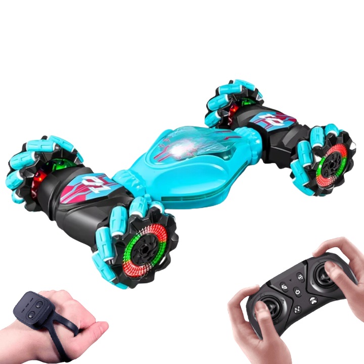 Masinuta Radiocomandata Dazzing Twisted Car cu Senzor de Gesturi, Tractiune Integrala 4WD, Lumini LED, Cascadorii Spectaculoase, Control prin Telecomanda 2.4GHz, pentru Copii 4-12 Ani, Distractie Maxima, Masina Jucarie Copii, Bleu Turcoaz