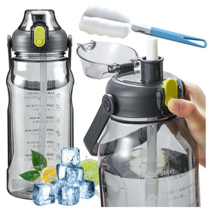 Бутилка за питейна вода със сламка, мерителна чаша и черна дръжка, 1.5L
