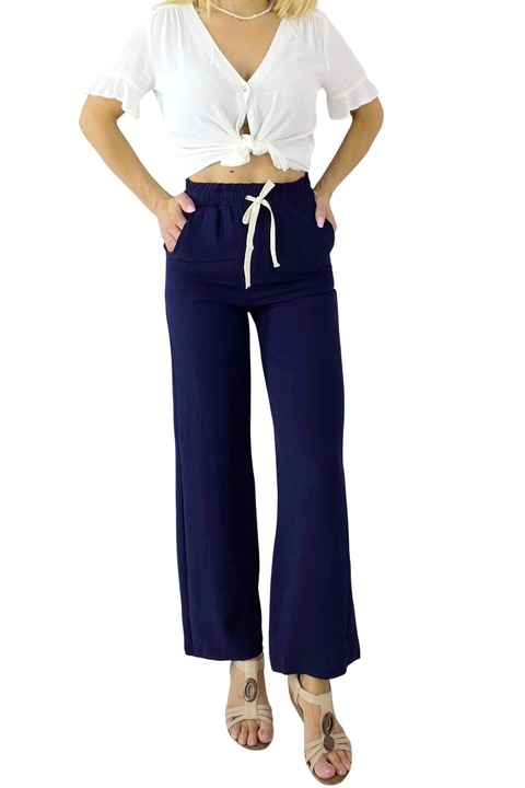 Pantaloni lungi casual, bumbac MERON, croiala wide leg, Bleumarin