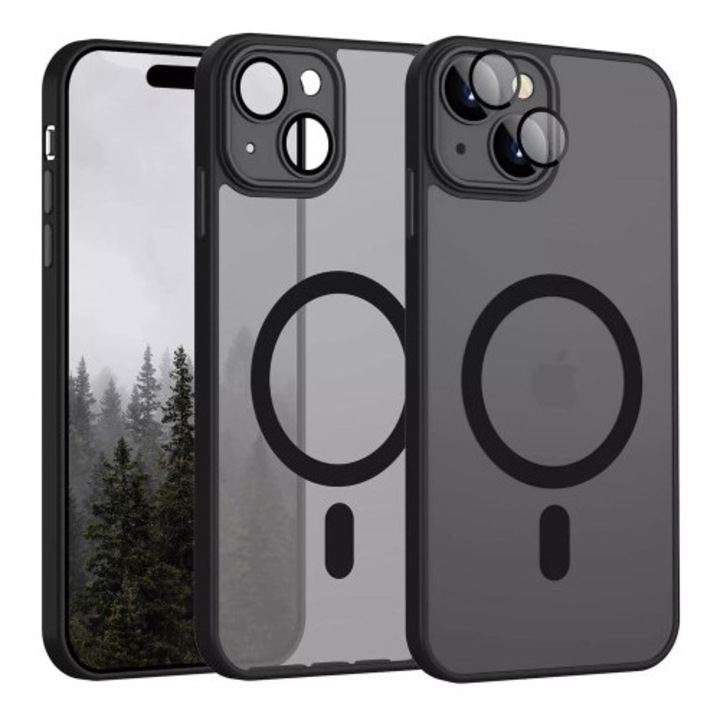 Carcasa Apple iPhone 15 Plus, Alogy MagSafe Hybrid Matte, cu protectie pentru lentile, neagra