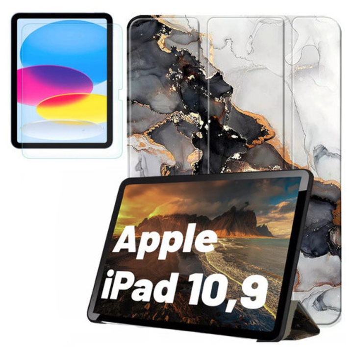 Alogy Book Cover tok Apple iPad 11" (2025) / 10.9" (2022) készülékhez, felhős márványszínű, alvás/ébresztés funkcióval, edzett üveggel bevonva