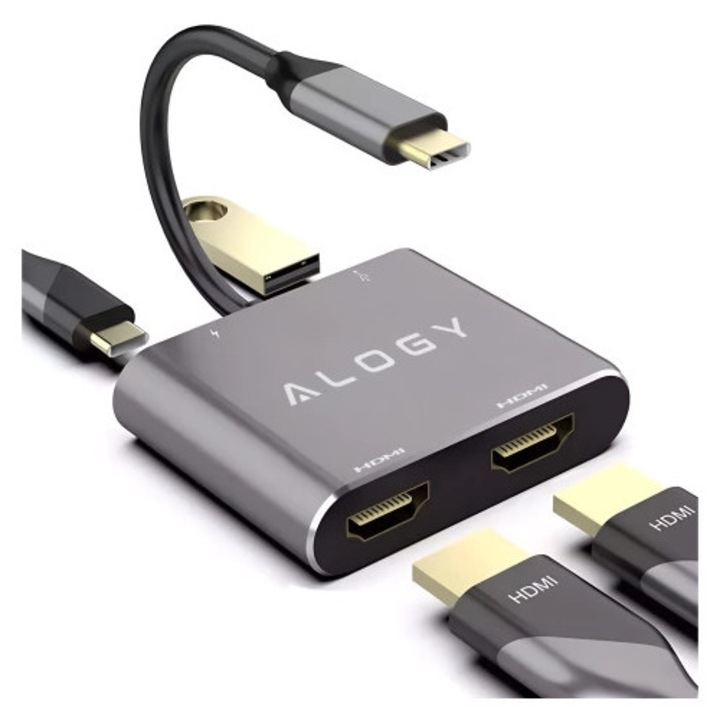 Хъб 4w1 USB-C Alogy, 2x HDMI 4K, USB-A, PowerDelivery 100W, сребрист, 5.8x5.4см