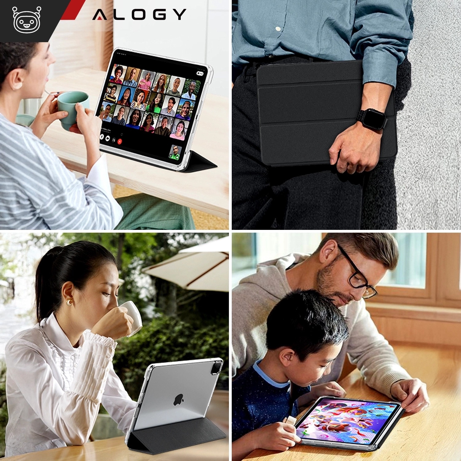Husa Alogy New Book Cover Case pentru iPad Air 13" 2024/2025, iPad Pro 12.9" 2018-2022, neagra, silicon si piele ecologica
