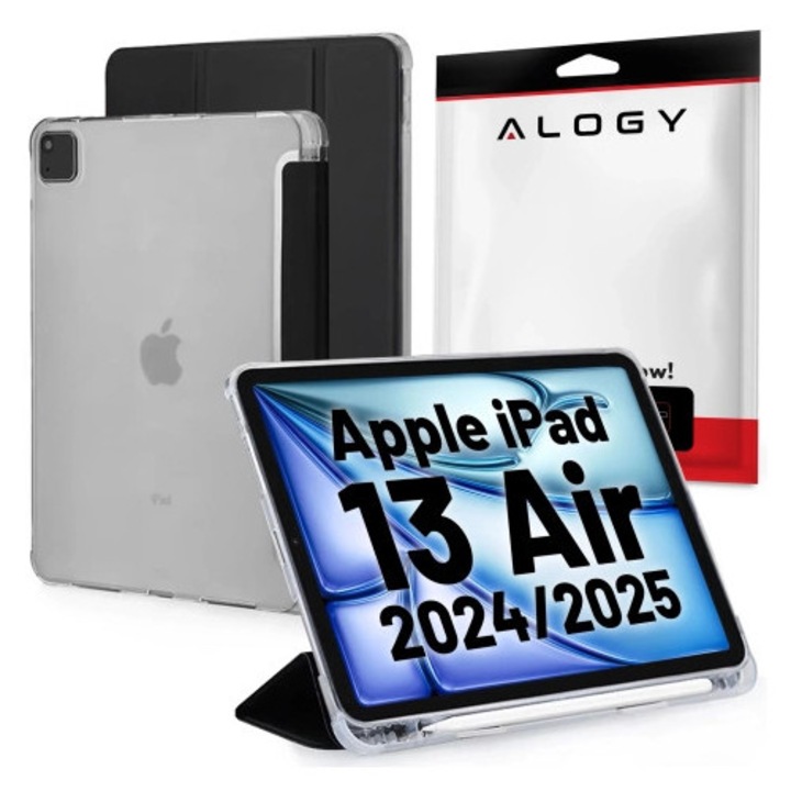 Husa Alogy New Book Cover Case pentru iPad Air 13" 2024/2025, iPad Pro 12.9" 2018-2022, neagra, silicon si piele ecologica