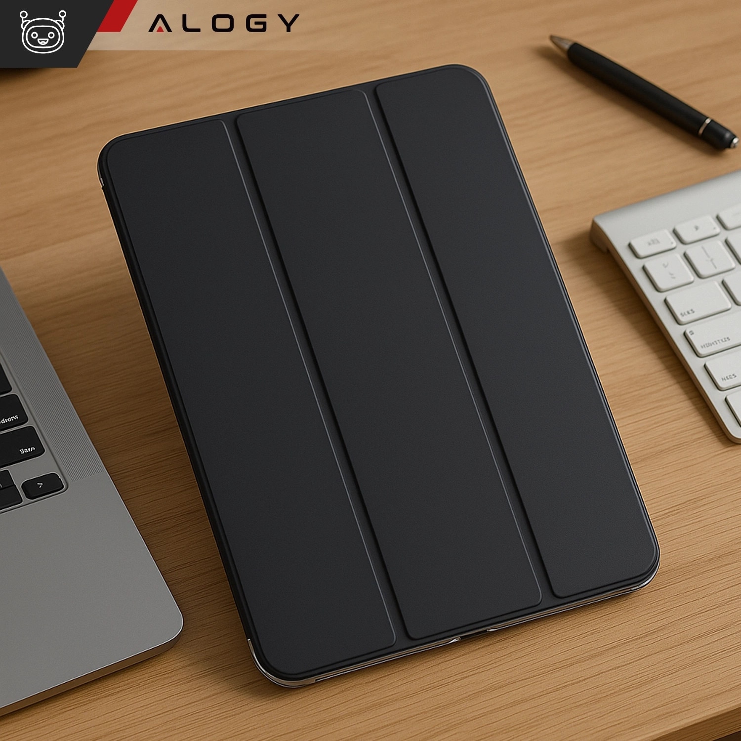 Husa Alogy New Book Cover Case pentru iPad Air 13" 2024/2025, iPad Pro 12.9" 2018-2022, neagra, silicon si piele ecologica