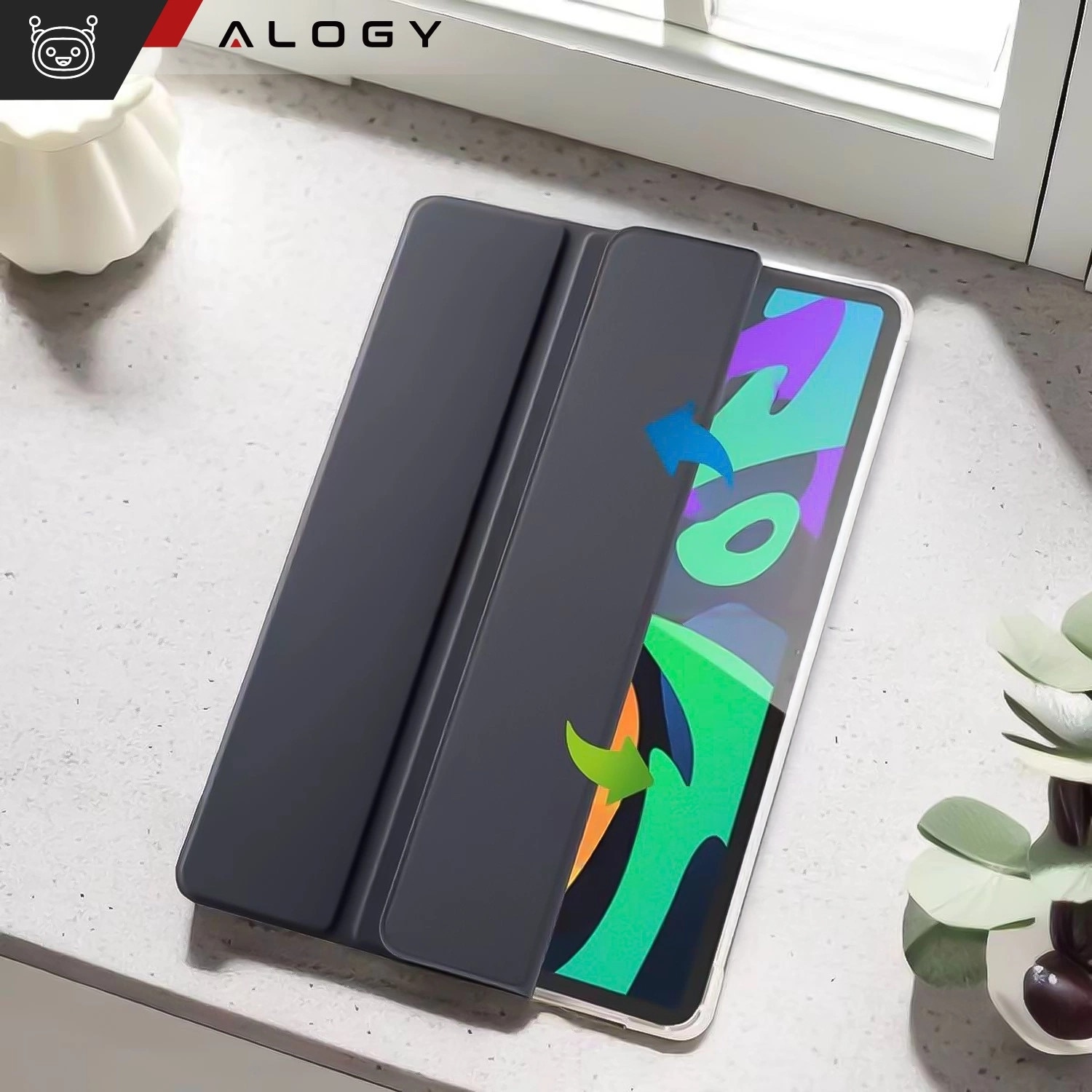 Husa Alogy New Book Cover Case pentru iPad Air 13" 2024/2025, iPad Pro 12.9" 2018-2022, neagra, silicon si piele ecologica