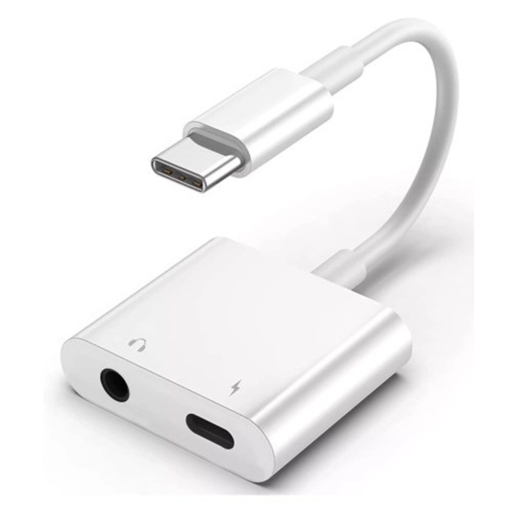 Cablu AUX Alogy USB-C la Mini Jack 3.5mm si adaptor USB-C pentru Apple iPhone USB-C Alb