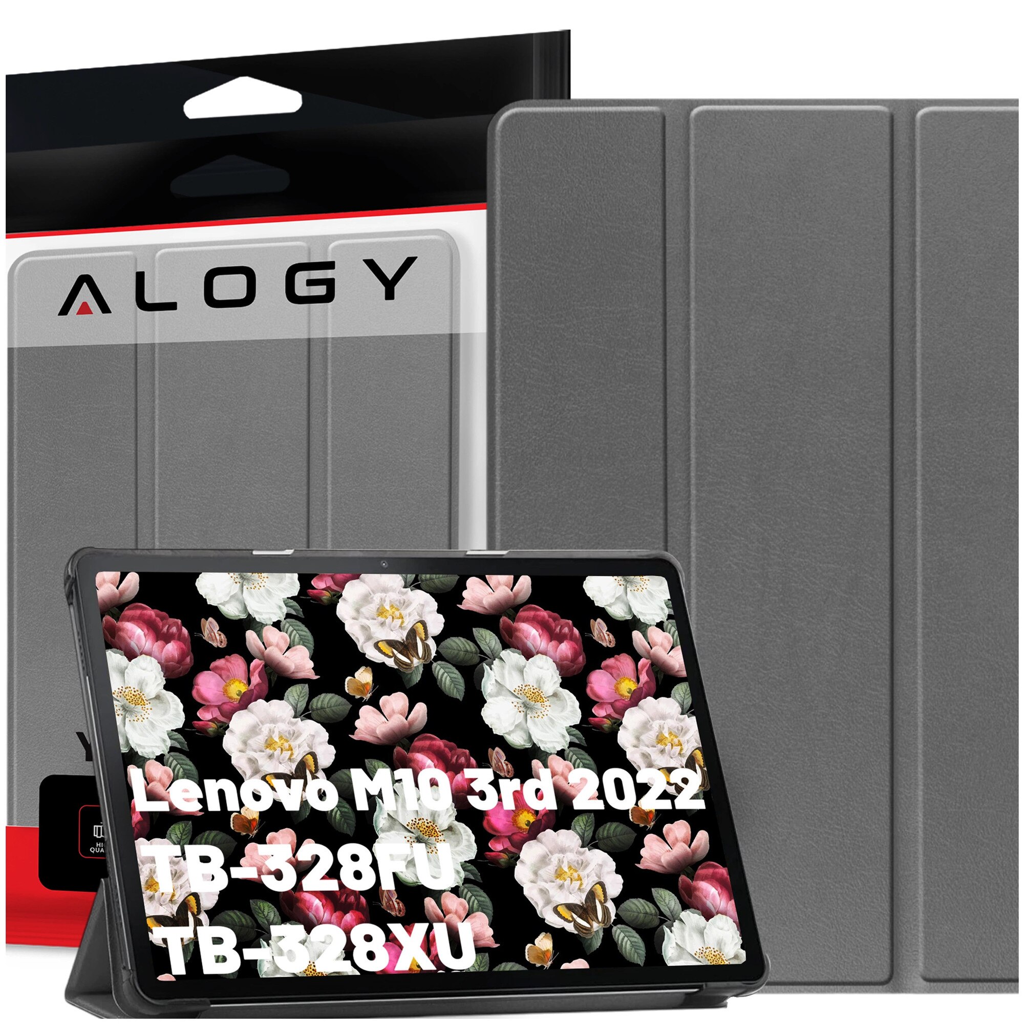 Etui pentru tableta Alogy Book Cover, gri, pentru Lenovo Tab M10 3gen 10.1" 2022, cu functie de suport, set cu sticla si stylus