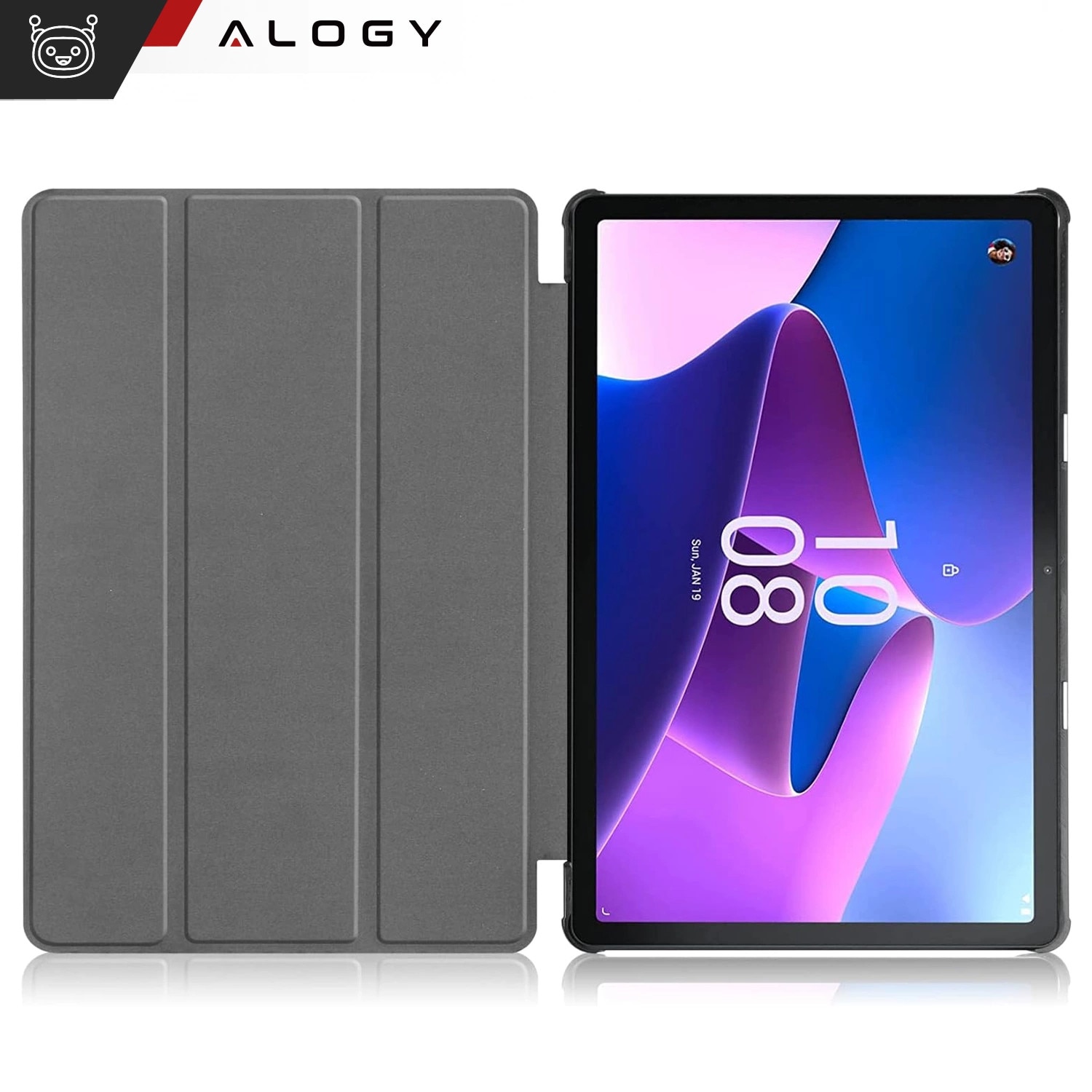 Etui pentru tableta Alogy Book Cover, gri, pentru Lenovo Tab M10 3gen 10.1" 2022, cu functie de suport, set cu sticla si stylus